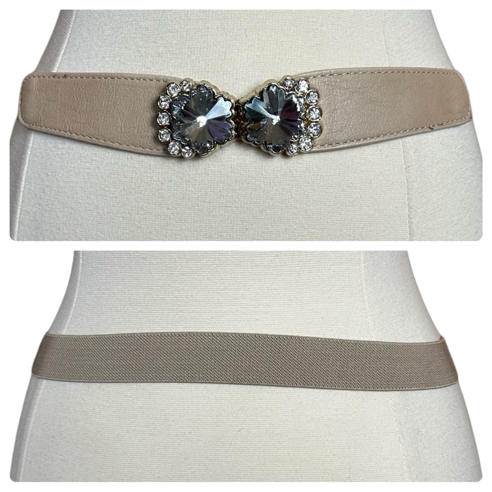 Vintage Faux Leather Tan Bling Rhinestone Embellished Stretchy Waist Belt XL